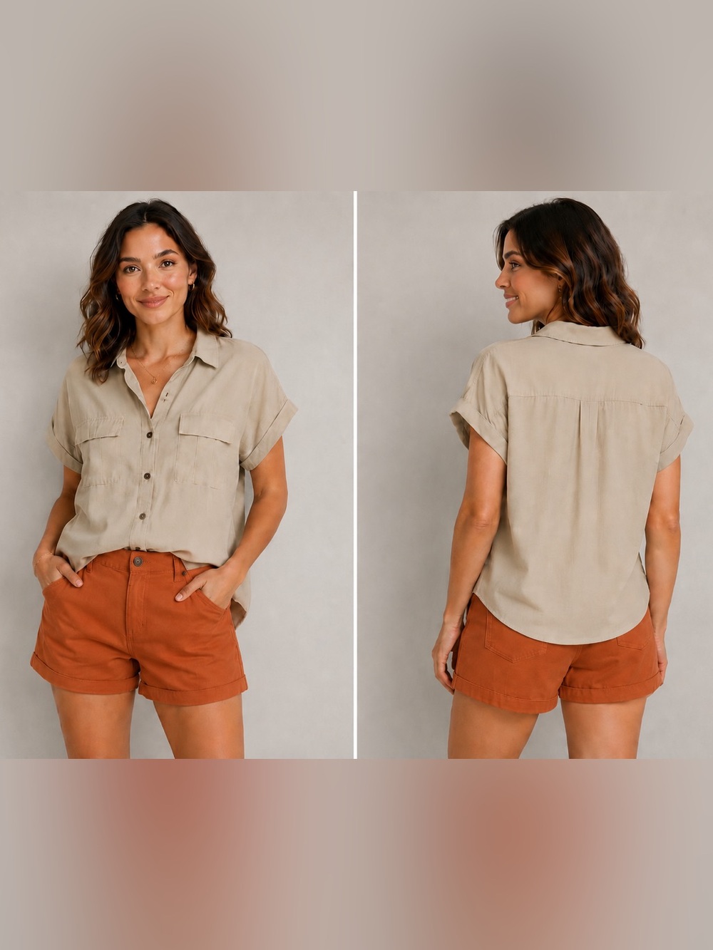 Zenana Relaxed fit Short-Sleeve Shirt - Beige - Picture 3 of 7